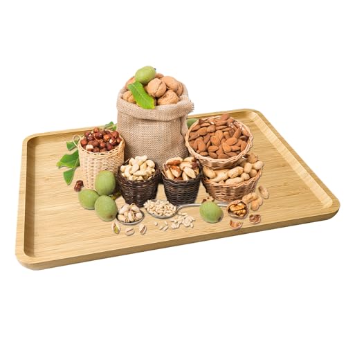 Bamboo Serving Tray Rectangle Platter Breakfast Dinner Food Bed Tray for Eating Kitchen Restaurants (1, 15.7" x 12.8" x 0.8" (no Handle)) - size: 15.7" x 12.8" x 0.8"