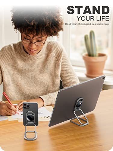 A-LuGei 𝗙𝗼𝗹𝗱𝗮𝗯𝗹𝗲 & 𝗔𝗱𝗷𝘂𝘀𝘁𝗮𝗯𝗹𝗲 Phone Kickstand Ring Holder, Magnetic Cell Phone Grips, Phone Stand for Desk, Adhesive Phone Holder for Hand, 360° Rotation Ring for Back of iPhone Case - color: Hallow Silver