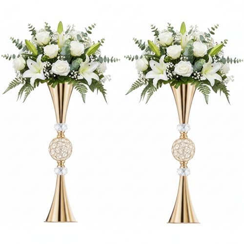 Crystal Gold Flower Vases for Centerpieces: Metal Trumpet Vases for Table, Elegant Flower Stands with Crystal Ball - Floral Decorations for Events Christmas Wedding Home Decor (Gold, 27.6in-2pcs) - size: 27.6in-2pcs