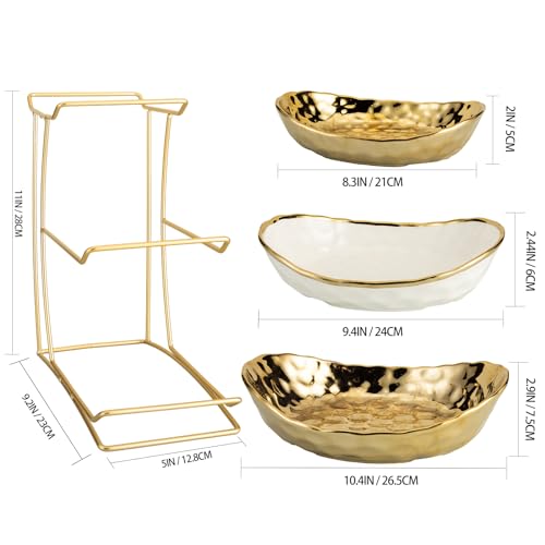 YYW 3 Tier Fruit Bowl for Kitchen Counter, White Gold Ceramic Fruit Stand for Countertop, Home Fruit Rack with Holder, Vegetable Bowl Snacks Nuts Bread Candy Storage (Gold) - color: Gold