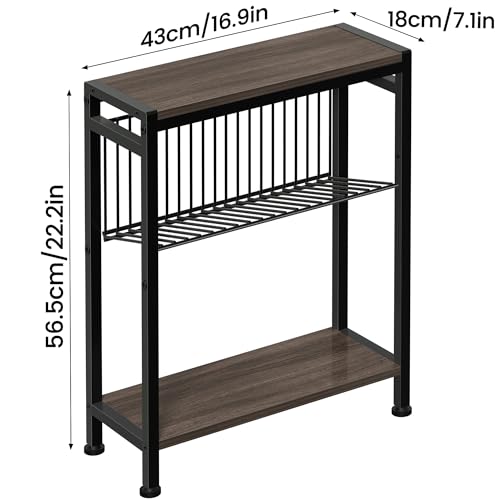 Side Table for Small Space, 3-Tier Narrow End Tablewith Magazine Holder,Slim Nightstand, Skinny Snack Couch Table in Living Room, Bedroom Study and Balcony(Ash Brown) - color: Ash Brown