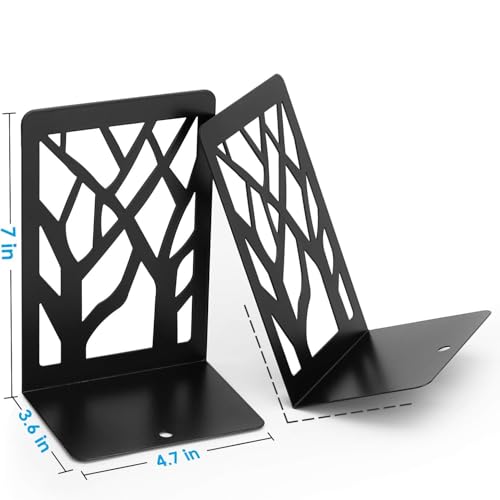 Tree Design Bookends for Shelves – Modern Heavy Duty Metal Book Holders, Non-Skid Decorative Book Stoppers for Home or Office, 1 Pair (7 x 4.7 x 3.5), Black