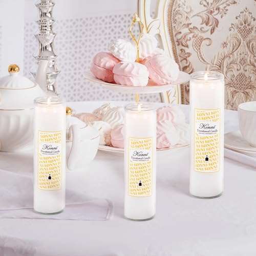 KONNI 2x8 Inch White Pillar Candles in Glass Set of 3, Devotional Prayer Candle, Unscented Religious Candles, 105 Hours Emergency Long Burning, Ideal for Memorials, Vigil, Blessing - color: White