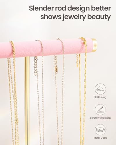 Lolalet 2-Tier Necklace Holder Display, Velvet Wrapped Bracelet Stand with Removable Ring Tray, Tall Jewelry Organizer for Bangles Watches Earrings, Galentines Valentines Gifts for Girls Women -Pink - color: Pink