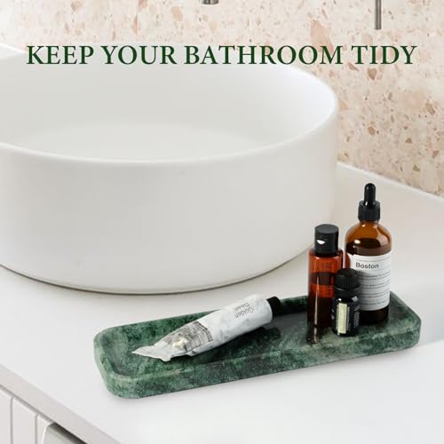 Koville Marble Tray for Bathroom Sink, 12"x4" Natural Stone Vanity Tray for Kitchen Dresser Countertop, Rectangular Decorative Marble Tray for Jewelry Perfume Trinket(Green) - color: Green, size: 12" x 4" x 0.7"