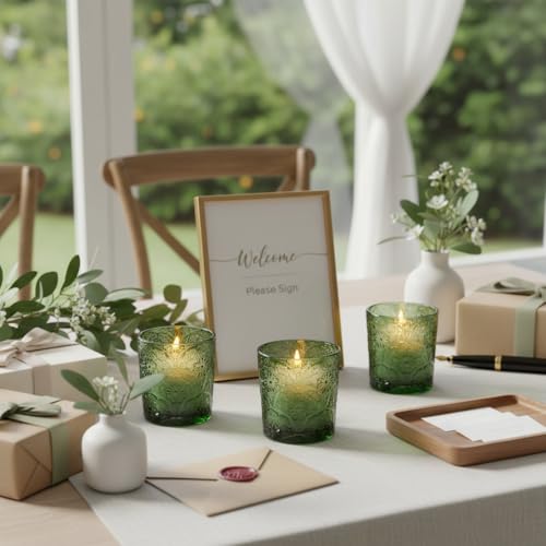 12 Pack Mandala Embossed Glass Candle Holders – Votive Tealight Holders with Patent Design, Decorative Embossed Glass Cups for Wedding Centerpieces, Parties, and Home Décor (Moss Green) - color: Moss Green