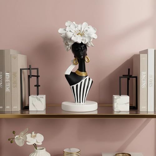 Lescafita African Woman Art Sculpture with White Flower Crown, Black and White Art Statue,Elegant African-Inspired Art Gift Suitable for Various Settings Such as Home, Bookshelves, desks, or Offices - color: 704-white