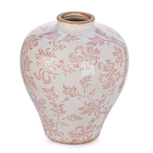 Sungmor Vintage Ceramic Flower Vase - 9.4 Inch Retro Ice Cracked Glaze Chinoiserie Vase, Rustic Farmhouse Home Décor Accent for Dried Flowers, Greenery - Table Centerpieces, Shelf, Mantel Decor - color: Pink