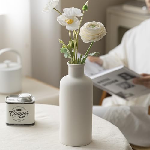 White Ribbed Ceramic Vase for Flowers, Modern Textured Decorative Vase, 10 Inch Tall, Farmhouse Style Home Decor (Nature White) - color: Nature White