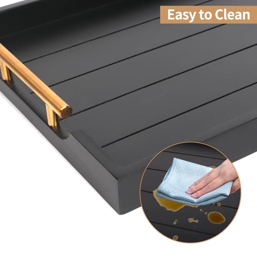SXNOWS Coffee Table Trays - Large Ottoman Tray for Living Room -Wood Serving Tray with 2 Sets of Handles - Wooden Tray for Coffee Table, 4 Round Coasters Included, Black - color: Black