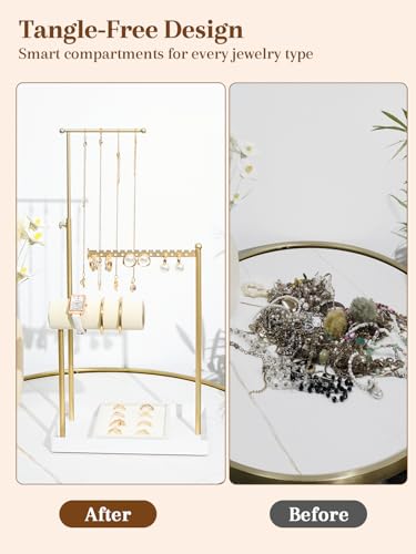 Jenseits Jewelry Organizer Stand with Ring Holder - 3-Tier Gold Jewelry Holder Tower with Velvet Tray, Necklace Holder, Bracelet & Earring Display Stand for Women, Gift for Her - color: white-gold
