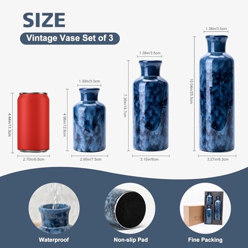 Vintage Ceramic Flower Vase Set of 3, Rustic Farmhouse Vase for Home Decor, Distressed Decorative Vase for Table Entryway Mantel Centerpiece Living Room Bathroom Bedroom (Cobalt Blue) - color: 106-cobalt Blue