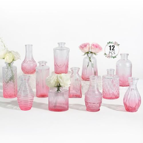 12 Pack Bud Vase in Bulk - BEAHOT Pink Flower Vases for Wedding Decorations, Glass Vase for Table Decorations, Small Vase for Home, Mother's Day, Centerpieces, Party, Office (Pink Gradient) - color: Pink-gradient