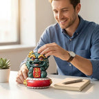 Natural Himalayan Granite Guardian Lion Figurine, Chinese Feng Shui Wealth-Attracting Ornamental Animal Sculpture, Green Good Luck Decorative Statues with Red Base for Home Tabletop Decor, Set of 1
