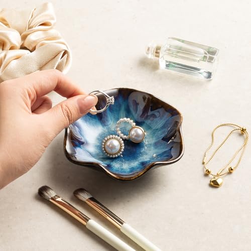 Ceramic Trinket Dish for Jewelry, Lotus Leaf Shape Small Ring Dish Tray, Jewelry Dish Organizer for Necklace Earrings, Home Decor Gift for Mom Best Friend Sister (blue) - color: blue