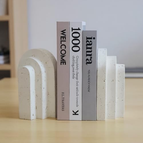 Decorative Book Ends for Shelves - Boho Aesthetic Bookends Decor - Heavy Duty Travertine Book Stopper Holder for Home Office Desk Coffee Table, Gifts for Book Lovers (Light Yellow) - color: Light Yellow