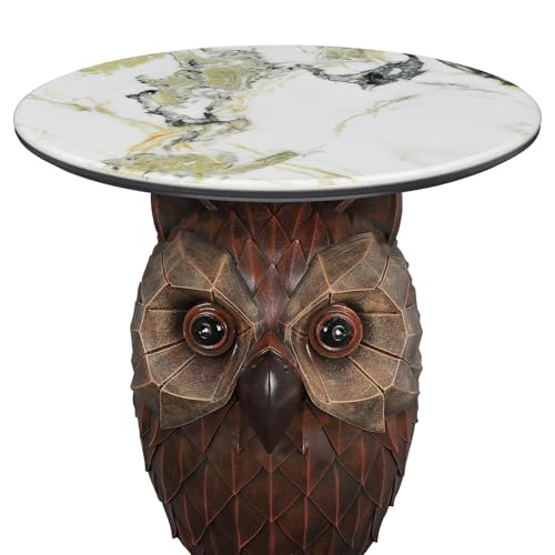 Owl Side Table, Round End Table with Faux Marble Top, Resin Owl Statue Base, Unique Animal Accent Table for Living Room, Bedroom, Nursery, Rustic Brown 22.83“ Tall 17.17" Height - style: OWL Table