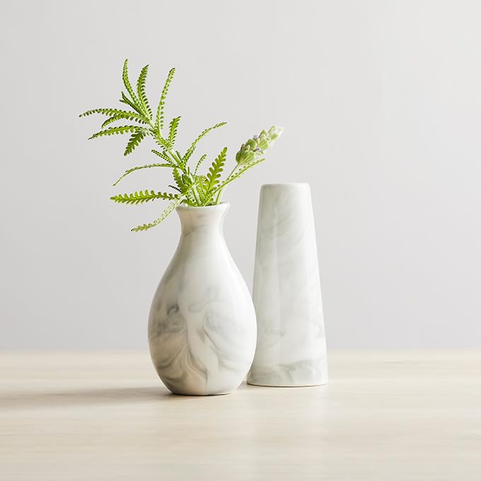 American Metalcraft BVJM8 Ceramic Bud Vase - White Marble - 2.125 in Dia x 3.875 in H – for Small Tabletop & Counters – Restaurant, Café, Hotel, Catering, Display