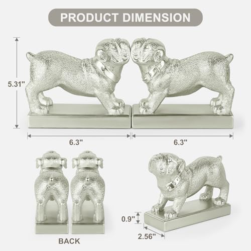 Decorative Bookends for Shelves, Dog Book Ends for Heavy Books, Bulldog Statues Bookends for Heavy Books with Anti-Slip Base Book Holders for Home Office Decor (Silver) - color: Silver