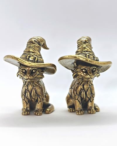 2PCS Witch Cat Figurines - Handcrafted Mini Brass Cat Statue with Wizard Hat, Vintage Witch Decor & Brass Home Decor for Shelf, Desk, Unique Gothic Gift