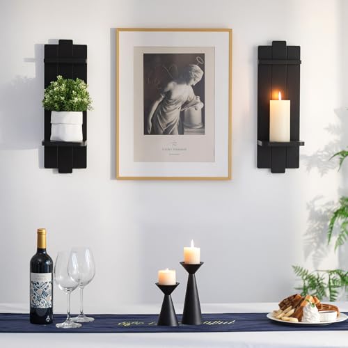 Black Candle Holder Wall Decor - 19.7 Inch Large Rustic Wooden Candle Sconces Wall Shelf for Pillar Candles Vases - Gothic Decoration for Halloween Bathroom Living Room - color: Black, size: 19.7in x 6.3in