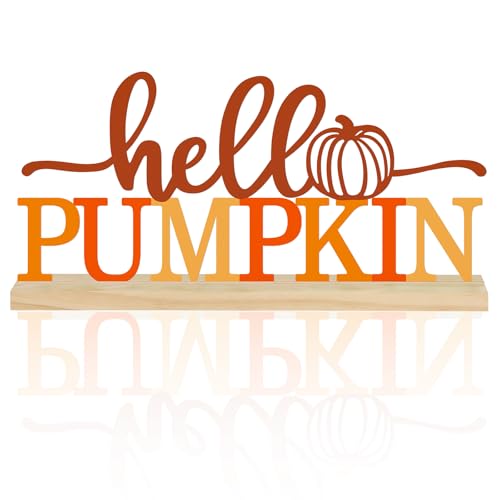 COCHIE Metal Hello Pumpkin Sign, Orange Fall Decorations for Home, Office, Shelf, Mantel, Indoor, Autumn Pumpkin Decoration, Hello Fall Decor (Autumn A) - style: Autumn A