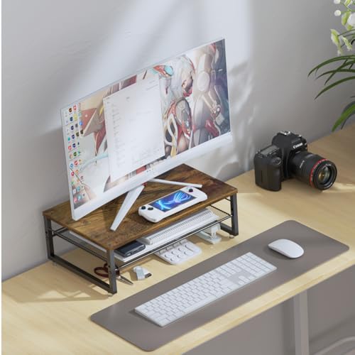 gianotter 2-Tier Metal Monitor Stand Riser, Desk Organizer for Monitor, Office Desk Storage Organizer for Office Supplies (Wood) - color: Wood
