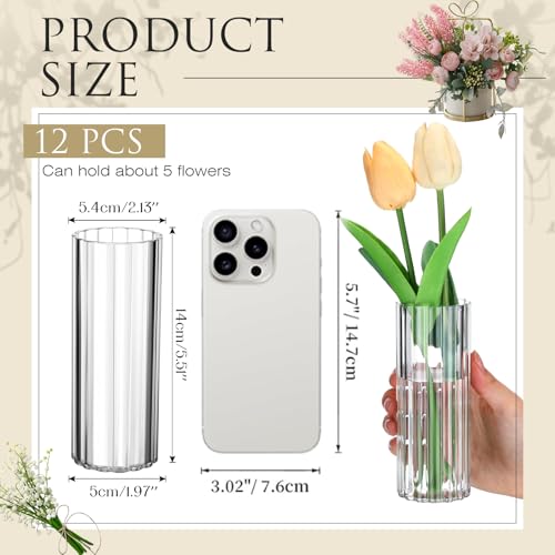 12 Pcs Plastic Small Cylinder Vases for Centerpieces Wedding Decoration, Clear Ribbed Bud Flower Vases Bulk for Wedding Bridal Shower Birthday Living Room Table Decor (5.5 Inch,Cylinder) - size: 5.5 Inch