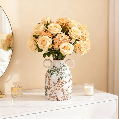 Green Floral Ceramic Vase with Handle, Nordic Boho Small Vases Side Table Flower Centerpiece, Wide Mouth Single Flower Vase Pampas Grass Decorative - for Home Window Sill Living Dining Room Kitchen - color: Green Floral