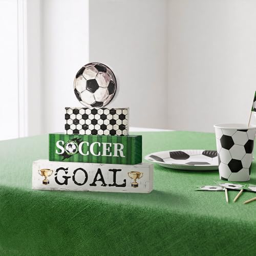 Smile Soccer Wooden Block Decor Set, 4-Piece SOCCER GOAL & Tiered Tray Tabletop Signs with Soccer Ball Figurine for Game Day & Sports Party Decorations - style: Soccer