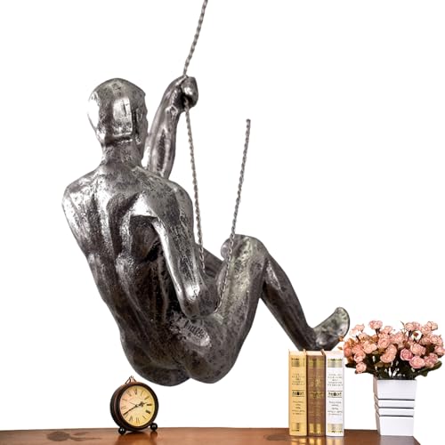 Climbing Man Wall Sculpture – Resin Decor Figure, Modern Art Accent, Black Home Ornament | Unique 3D Hanging Statue Piece, Artistic Abstract Wall Decoration Setup Living Room Bedroom Workplace Design - size: Trumpet left hand, style: Silver