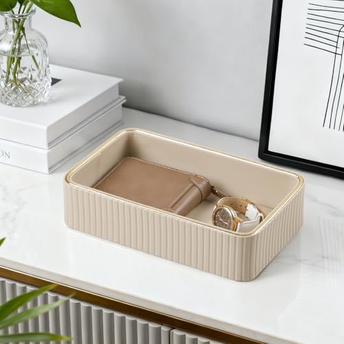 Desk Organizer Tray, PU Leather Nightstand Organizer Perfume Valet Tray for Men Women, Decorative Vanity Trays Trinket Dish Key Bowl for Entryway Table (Beige, Small) - color: Beige, size: 9.5" x 6" x 2.2"