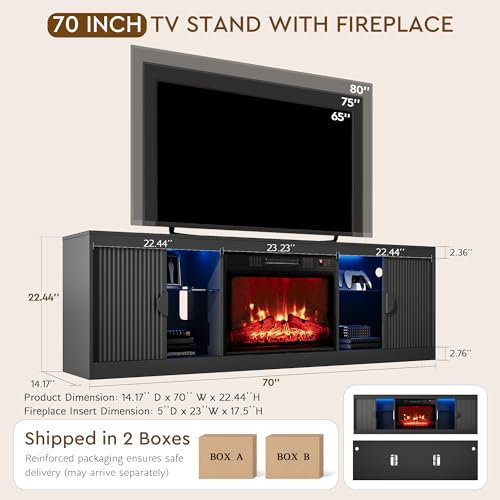LGHM 70'' LED TV Stand with Fireplace, Stylish Modern Entertainment Center with 2 Slip Doors for TVs Up to 80”, Media Console with Storage for Living Room, Black - size: 22''H & Fireplace