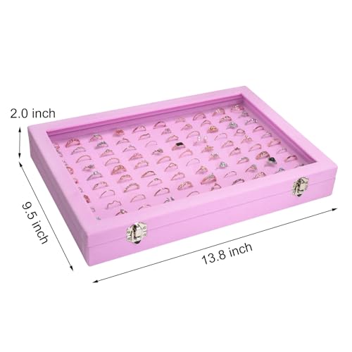 Siveit Velvet Ring Display Tray Organizer Box with Transparent Lid, 100 Slot Ring Holder Showcase For Store Display Jewelry Show Home, Pink - color: Pink