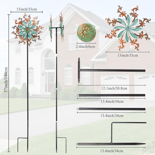 Viveta Wind Spinners Outdoor, Metal Wind Sculptures for Yard and Garden,13 * 57 "Double Windmill with Stable Stake - color: 2-copper Green-b