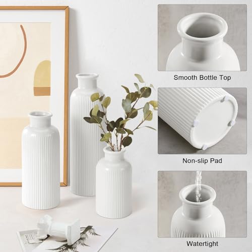 Small White Ceramic Vase Set of 3, Boho Modern White Flower Vase Room Decor, Farmhouse Decor, Vases for Your Kitchen, Bathroom, Bedroom, Living Room, Office&Shelf Centerpiece Table Decorations - color: White