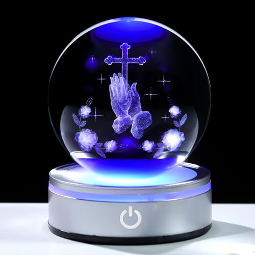 Arikyrist 3.15in. 3D Cross with Praying Hands Crystal Religious Gifts for Women Men, Crystal Ball Engraved Hands Holding A Cross Christian Figurine Paperweight with LED Light Base for Decoration - color: Cross