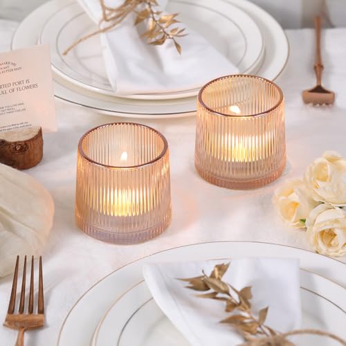 DARJEN Gold Ribbed Tealight Votive Candle Holders Set of 10- Tea Light Candle Holders Glass for Table Centerpiece, Votive Candle Holders for Home, Wedding & Fall Decor - color: Gold, size: 10Pcs