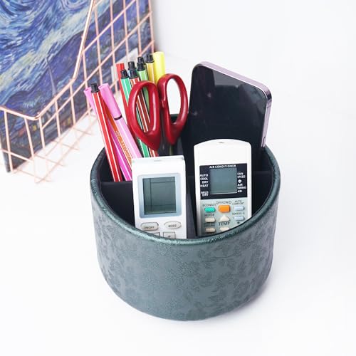 lizimandu Round Leather Art Supply Organizer,Remote Control Holder,360 Degree Spinning,Multi-Functional Pencil Holder,4 Compartments Desktop Stationary Organizer(1-Liuli Green) - color: 1-Liuli Green