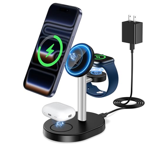 Hevanto 2026 3 in 1 Wireless Charging Station for Apple MagSafe Charger, 15W Fast Magnetic Mag-Safe Charger Stand for iPhone 17 16 15 14 13 12 Apple Watch AirPods Series, Gray&Black - color: Gray&Black