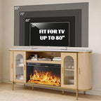 MXV 70" Fluted TV Stand for TVs up to 80", Mid Century Modern Entertainment Center with Sliding Doors & Glass Door, TV Console Table with Faux Marble Top for Living Room, Oak (70IN with Fireplace) - size: 70IN with Fireplace