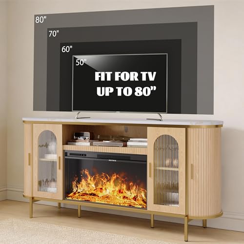 MXV 70" Fluted TV Stand for TVs up to 80", Mid Century Modern Entertainment Center with Sliding Doors & Glass Door, TV Console Table with Faux Marble Top for Living Room, Oak (70IN with Fireplace) - size: 70IN with Fireplace