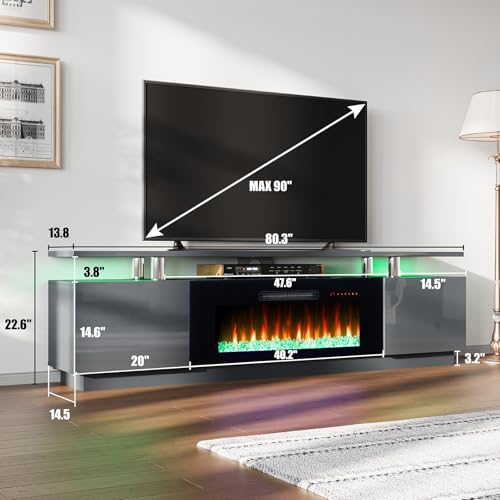 AMERLIFE Fireplace TV Stand with 40" Fireplace, 80" Modern Fireplace Entertainment Center LED Lights, 2 Tier TV Console Cabinet for TVs Up to 90", Grey - color: Grey, size: 80"