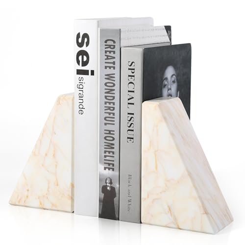 Marble Bookend for Heavy Books, Decorative Bookends for Shelves, Durable and Heavy-Duty Book End for Hardback Books & CDS, Unique Book Stopper & Holder, Sunny Golden, Set of 2 - color: Turkey-sunny Golden