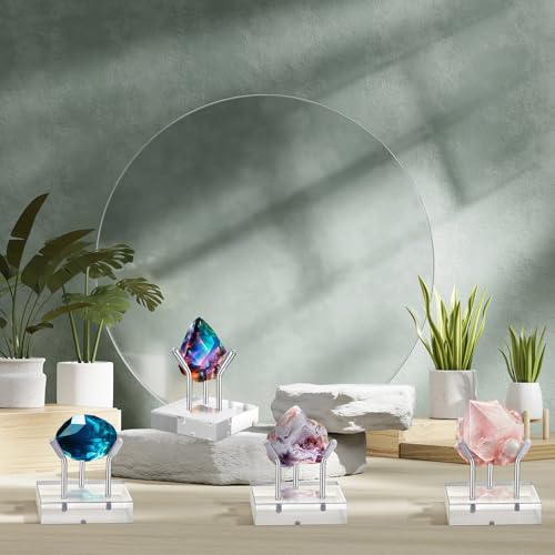 RattanView 8 Pack Clear Acrylic Geode Display Stand, 3 Peg Metal Rock Crystal Display Stand Small Collectibles Easel Holder for Minerals Crystals Coral Fossils Agate, 1.6 x 1.6 x 1.6 Inch