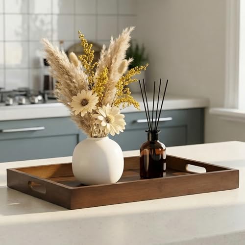 17.3‘’x11.8''x1.57''Large Bamboo Wooden Tray with Handles, Rectangular Natural Solid Wood, Walnut Brown Color Serving Tray.Suitable for Kitchen,Bedroom,Breakfast,Coffee,Decorative,Party Bars. - size: 17.3" x 11.8" x 1.6"
