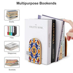 Wood Bookends 2 Pack, Hippy Mexican Talavera Mandala Non-Skid Heavy Duty Bookends for Shelves & Desks, Decorative Book Holders/Supports for Home Office/Library/School, 5x3x3.9 Inch