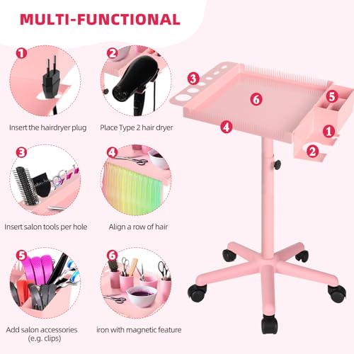 Extension Salon Tray Hair Extension Cart Tray Pink Multi-Function Extensions Rolling Tray with Blow Dryer Holder and Storage Platform - color: L-pink