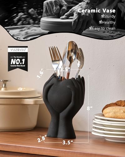 8" Heart Hand Black Ceramic Vase - Unique Modern Aesthetic Flowers Vase for Living Room Bedroom Office Kitchen Table Centerpiece or Shelf Decor-Gifts for Wedding Bridal Shower Women Mom (Black) - color: Black
