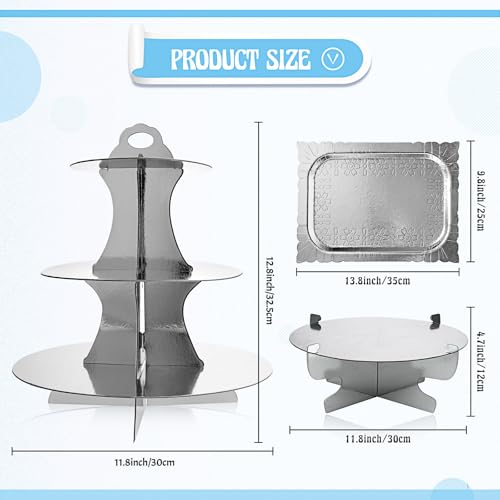 Zopeal 7 Pcs Dessert Table Display Set 3-Tier Cupcake Stand 1-Tier Cup Cake Display Tower Platters and Serving Trays Cardboard Cake Cookie Holders for Wedding Birthday Party Baby Shower(Silver) - color: Silver